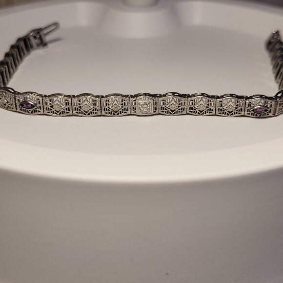 Art Deco Diamond Amethyst Filigree Antique Bracelet 10k White Gold Price is Firm - Picture 5 of 16